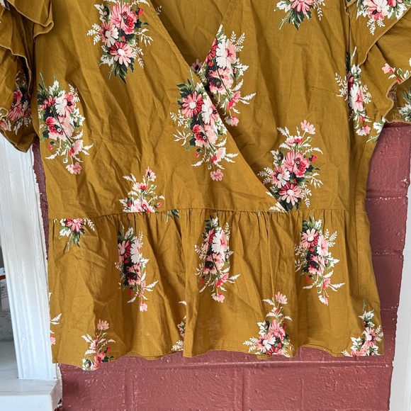Madewell 100% Cotton Mustard/Tan Floral Ruffle Sleeve Wrap Peplum Top - Picture 4 of 8